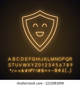 Smiling shield neon light icon. Reliable protection, security. Easy safety. Defence. Happy shield. Emoji, emoticon. Glowing sign with alphabet, numbers and symbols. Vector isolated illustration