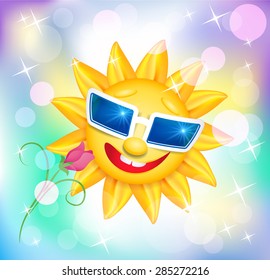 Smiling shines sun in glasses with flower on blur varicoloured background
