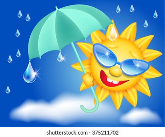 Smiling shines sun in glasses with umbrella and raindrops