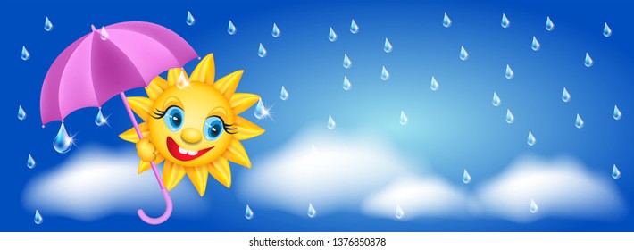 Smiling shines sun with umbrella and rain drops