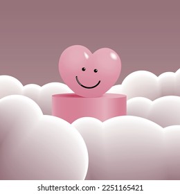 Smiling  shiny pink heart on podium on clouds. Happy Valentine's day 3D design background. Vector illustration. 