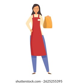 Smiling shop assistant woman holding paper bag, retail worker character in red apron standing on white background