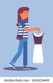 Smiling shopaholic flat vector illustration. Young shopper in casual t shirt and jeans cartoon character. Shopping mall customer holding trempel with new dress. Happy, boutique, clothes shop client