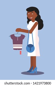 Smiling shopaholic flat vector illustration. Young shopper in casual dress cartoon character. Shopping mall customer holding trempel with new dress. Happy, boutique, clothes shop client