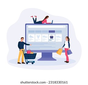 Smiling shopaholic people doing shopping online. Big sales and discounts. Purchase of goods via internet. Consumer society and commercial business. Vector