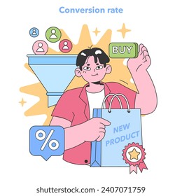 Smiling shopper with a 'BUY' button and a new product bag, representing a positive conversion rate. Flat vector illustration