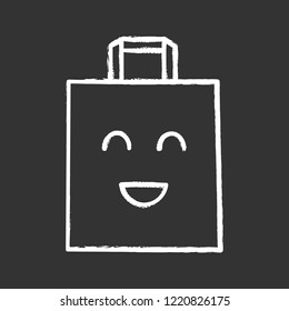 Smiling shopping bag character chalk icon  Sale  special offer  Happy shopping  Easy buying  Emoji  emoticon  Isolated vector chalkboard illustration