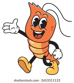 Smiling Shrimp Cartoon Personagem Andando e Acenando - Mascote Vetor Divertido