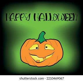 smiling silly pumpkin with happy halloween text on a green and black background; vector design for fashion and poster prints, wall art, sticker