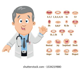 Smiling silver haired physician in lab coat shows to set of mouth, teeth positions. Lip sync emotions collection. Can be used for animation. Cartoon vector illustration isolated on white background.