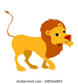Smiling Single Lion. Cartoon Style Vectoral Illustration. White Background Isolated.