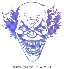 Smiling sinister clown face illustration.  Violet design with chess pattern background.