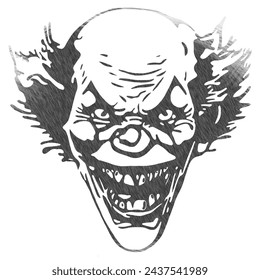 Smiling sinister clown face illustration.  Gray design in sketch effect.