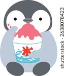Smiling sitting penguin holding shaved ice and straw Simple cute Animals and desserts Vector illustration