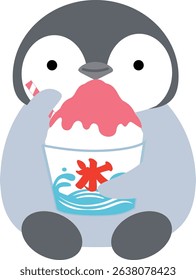 Smiling sitting penguin holding shaved ice and straw Simple cute Animals and desserts Vector illustration