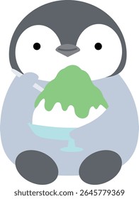 Pinguim sentado sorridente segurando gelo raspado e colher, sabor de melão, simples, fofo, animais e sobremesas