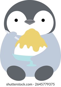 Pinguim sentado sorridente segurando gelo raspado e colher, sabor de limão, simples, fofo, animais e sobremesas