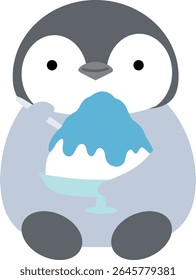 Pinguim sentado sorridente segurando gelo raspado e colher Azul Havaí sabor simples bonito Animais e sobremesas