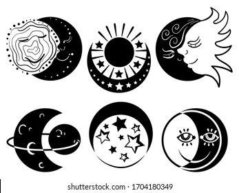 Seis siluetas sonrientes de luna