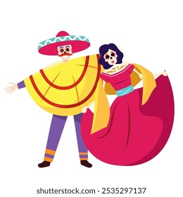 Pareja de esqueleto sonriente en trajes tradicionales mexicanos, Vector