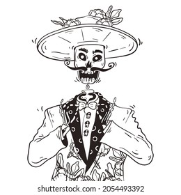 Smiling skeleton. Day of the dead or dia de los muertos. Hand drawn doodle line art illustration