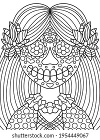 Smiling skeleton girl with long hair and flower coloring page stock vector illustration. Traditional Mexican Dia de Muertos skull symmetry black linear illustration. Happy skeleton girl portrait