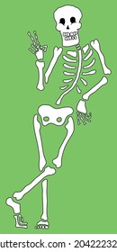 The smiling skeleton shows the sign "V".  Cartoon style. Vector. Isolated.