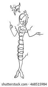Smiling sketch girl having fresh idea pointing with her forefinger on butterfly flying over her head. Creative problem solution, fresh idea and thinking out of boxes concept. Vector illustration