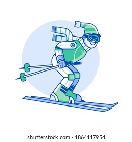 Smiling skier in motion isolated on white background. Mountain skiing sportsman character with goggles and ski suit. Young man on skis line icon.