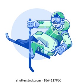 Smiling skier in motion isolated on white background. Mountain skiing sportsman character jumping with goggles and ski suit. Young man on skis line icon.