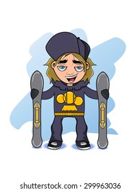 Smiling skier standing with skis in hand.