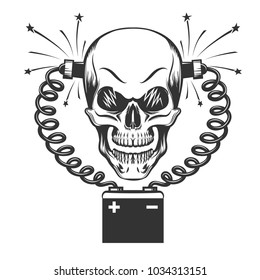Smiling Skull charging by car battery drawn in engraving style. Vector illustration.