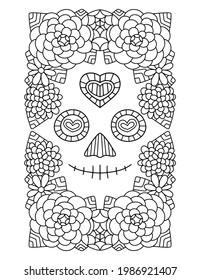 Smiling skull face and flowers around hand-drawn coloring page vector illustration. Funny Dia de Muertos coloring page for adults printable page. Decorative Day of the Dead character symmetry line art