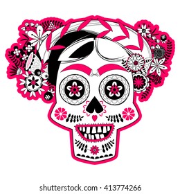 Smiling skull with a flower decorated hairdo. La Calavera Catrina. Mexica. Black white and pink. Vector illustration