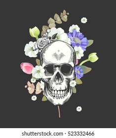 Smiling Skull and Flowers Day of The Dead, Black Fashion illustration. Vector.
