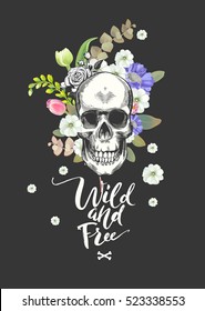 Ilustración del Día de las Flores y los Calaveros Sonrientes, Black Fashion. Letras "Salvajes y libres". Podría ser usado para la impresión de camisetas, tarjetas, banners. Vector.