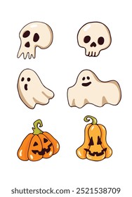 Smiling Skull, Ghosts and Pumpkins Sticker Pack. Set of traditional Halloween images. Cartoon vector set of funny ghosts, skulls and pumpkins for your design. Vector illustration