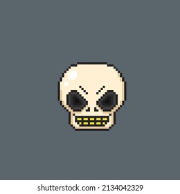 smiling skull with golden teeth in pixel style