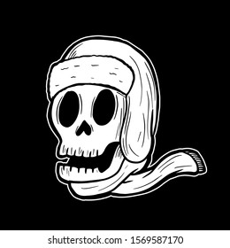 Smiling skull head wearing cold weather beanie hat and scarf vector illustration character handrawn tattoo design for winter season concept