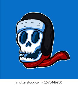 Smiling skull head wearing cold weather beanie hat and scarf vector illustration character colored hand drawn tattoo design for winter season concept