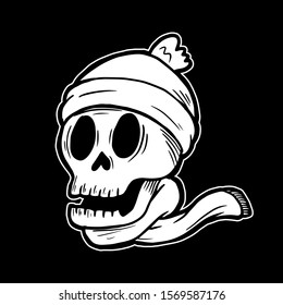 Smiling skull head wearing knitted beanie hat and scarf vector illustration character handrawn tattoo design for winter season concept