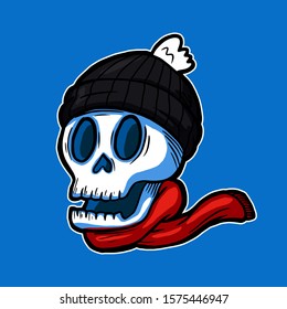 Smiling skull head wearing knitted beanie hat and scarf vector illustration character colored hand drawn tattoo sticker design for winter season concept