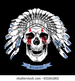 Smiling skull in a Indian Feather Headdress. Vector illustration.