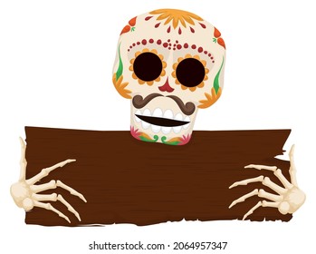 Smiling skull with mustache and Mexican decorations for Day of the Dead, holding a wooden sign template.