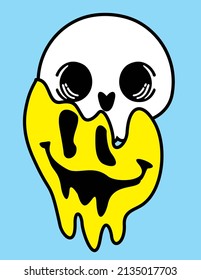 Smiling skull skeleton smiley face. Smiley dripping from the skull, emojis. Retro distorted melting smiley emoji face. Smile melt face. Halloween T-shirt sticker, logo, tattoo. Vector 