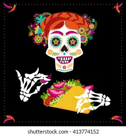 Calavera sonriente con taco y peinado adornado con varias flores. La comida mexicana. Ilustración del vector