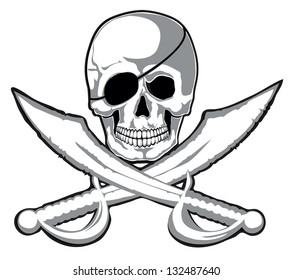 Smiling skull and two pirate swords isolated. Vector on separate layers