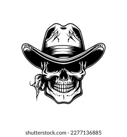 Smiling skull wearing cowboy hat  a Hand drawn illustration depicting a skull with a wide grin and a cowboy hat, full of character and personality