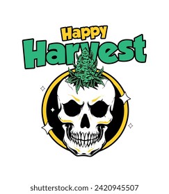 Smiling skull weed head. Happy Cannabis Harvest. Cannabis Smile. Weed, thc, cbd, logo for t-shirt, stickers, poster and more