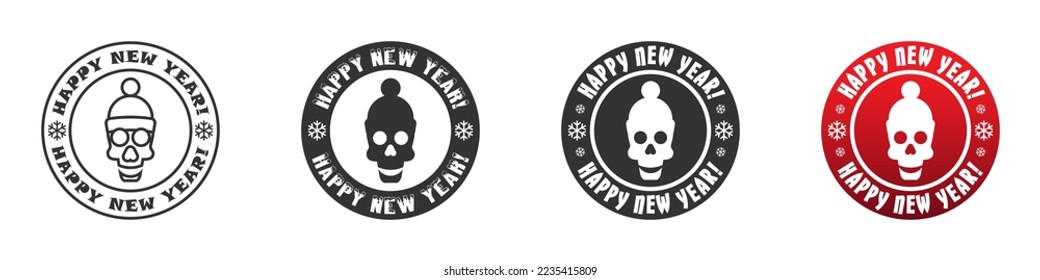 Smiling skull in winter hat on a round badge with lettering: Happy new Year! Christmas skull icon. Vector illustration.